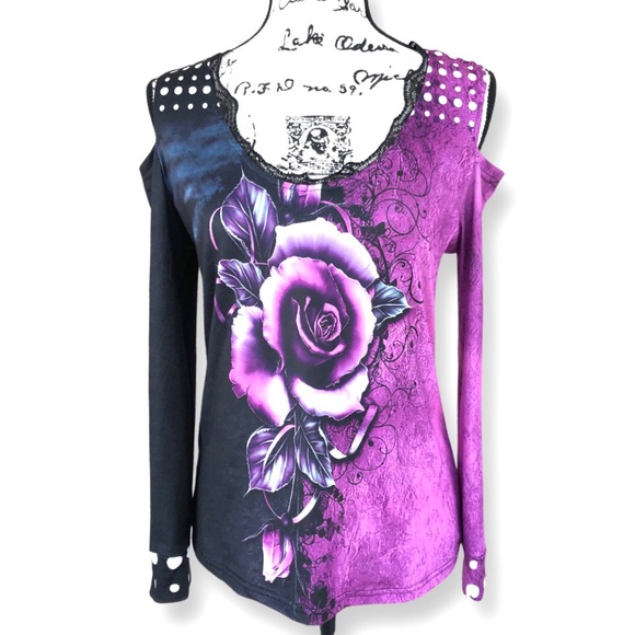 Unknown Tops - ⚡️2 for $15 Floral Black & Purple Cold Shoulder Long Sleeve Top